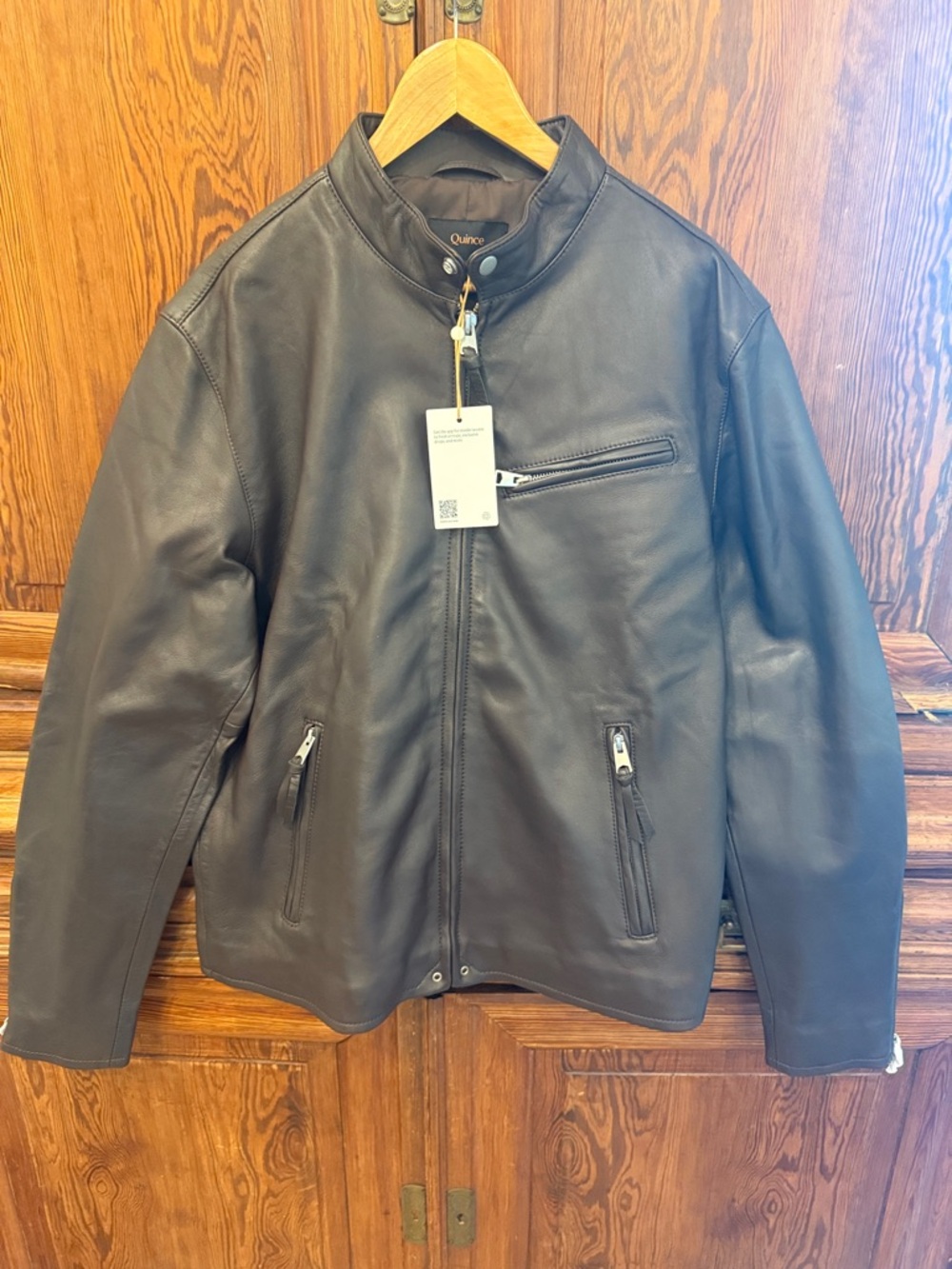NWT Quince Men's 100% Leather Cafe Racer Jacket - Rich Brown Zip-Front - Medium